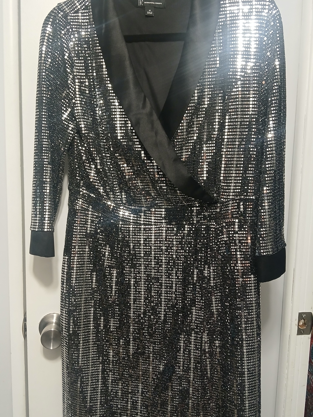 INC International Concepts Black and Silver Sequin Wrap Dress
